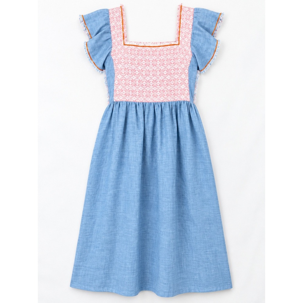 NINALEUCA Italy Linen Cotton Midi Dress M/L Blue Pink Raw Edge Boho